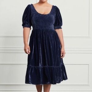 Hill House Navy Velvet Puff-Sleeve Midi Dress